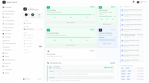 Agent Orchestration Dashboard - Multi-agent collaboration showing Root Cause, Sentiment, Financial Impact, and Intervention Design agents with real-time execution trace