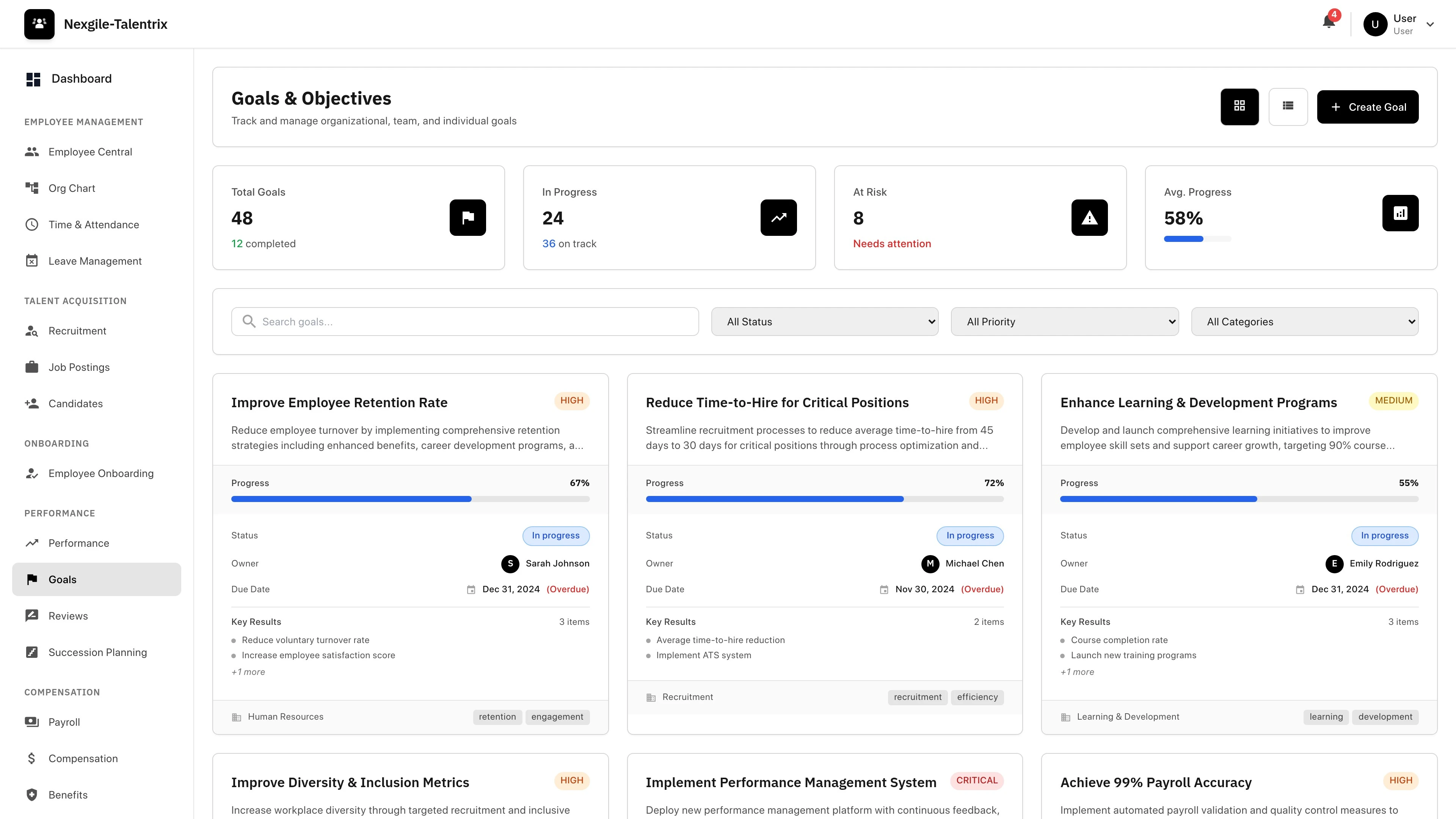 Goals and Objectives Management Dashboard - Comprehensive view of organizational goals with cascading objectives, alignment tracking, and progress monitoring across all levels