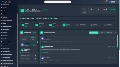 Live workflow orchestration showing agent swarm coordination, communication flow, and real-time multi-phase analysis progress