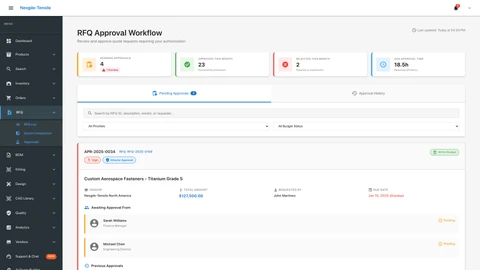 RFQ Approvals page - Multi-level approval workflow management for quote requests