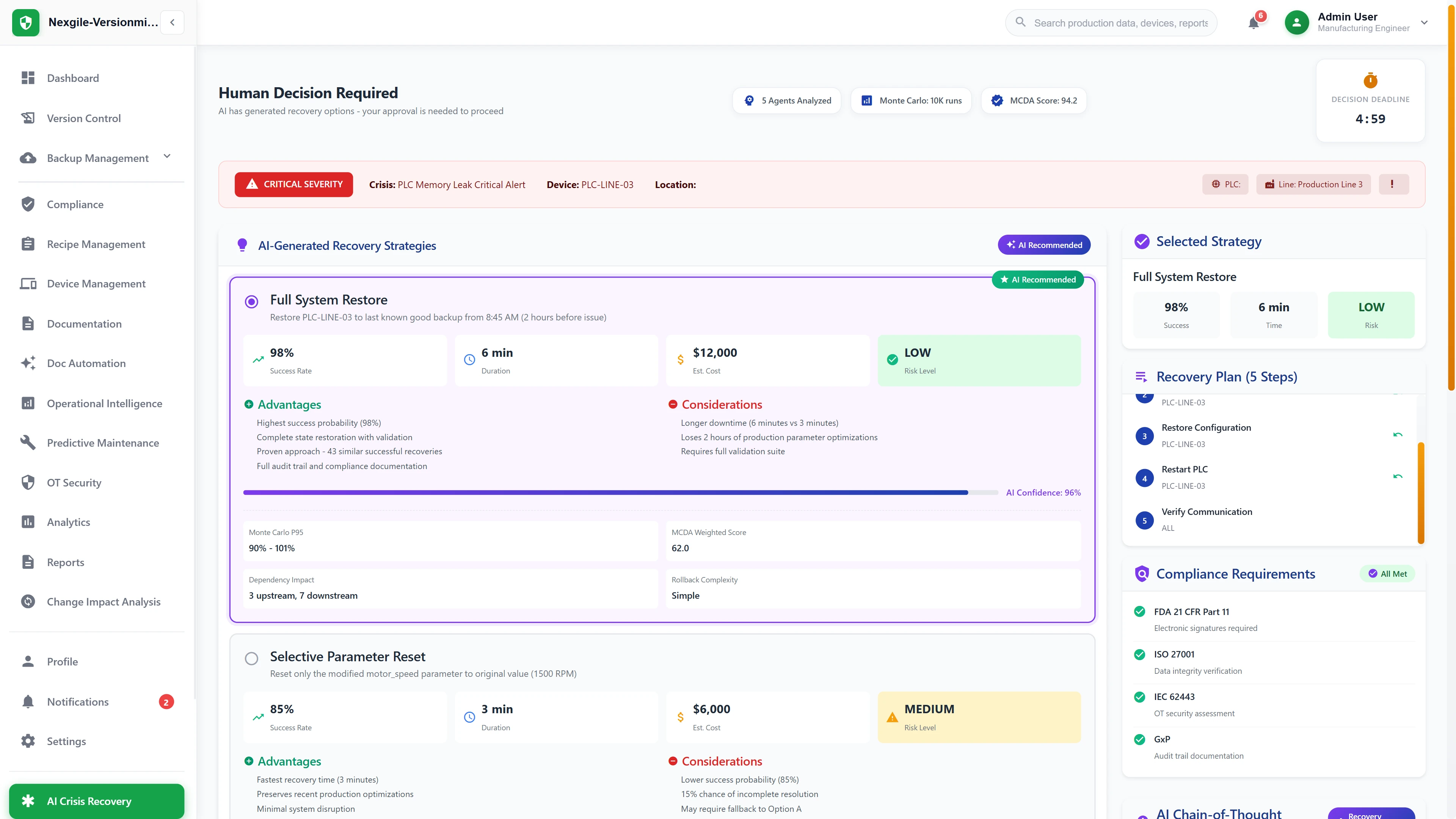 Human-in-the-loop approval interface presenting AI-generated recovery strategies with risk analysis and compliance verification
