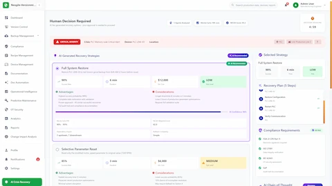 Human-in-the-loop approval interface presenting AI-generated recovery strategies with risk analysis and compliance verification