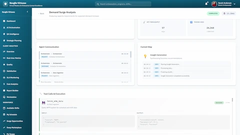 Demand Surge Analysis - Agent Communication logs showing Orchestrator requests, Tool Calls with fetch_wfm_data execution, and Insight Generation synthesizing business recommendations in real-time