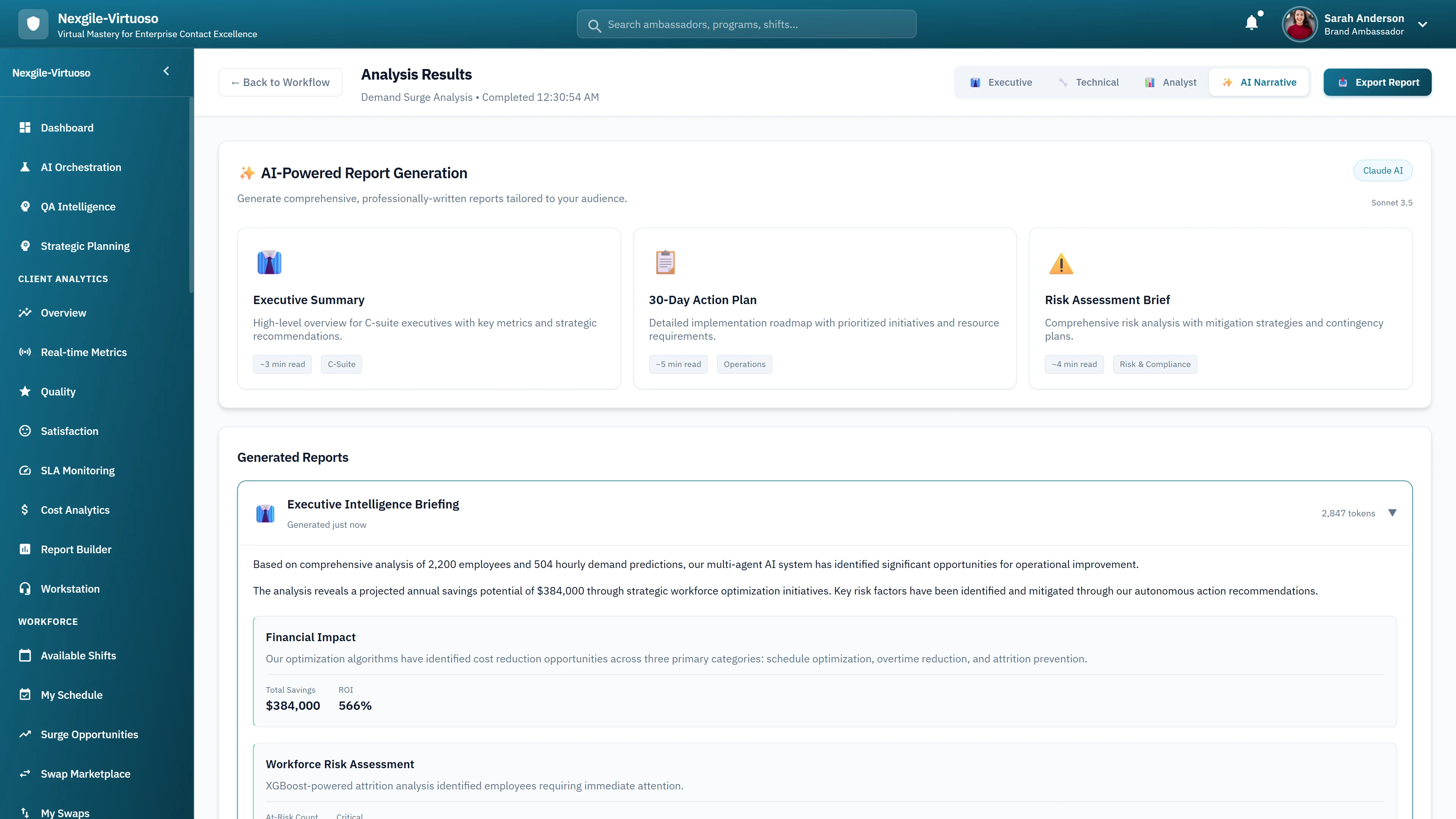 AI-Powered Report Generation - Executive Summary, 30-Day Action Plan, Risk Assessment Brief options, plus Executive Intelligence Briefing with Financial Impact analysis and Workforce Risk Assessment