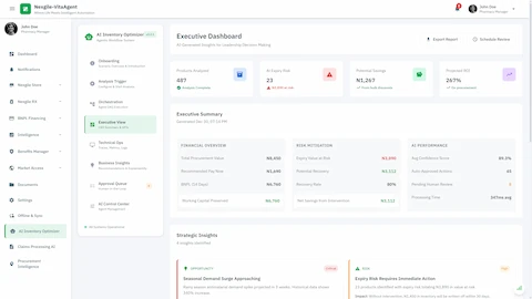 Executive Dashboard - AI-generated insights with financial overview, risk mitigation metrics, and strategic recommendations for inventory optimization