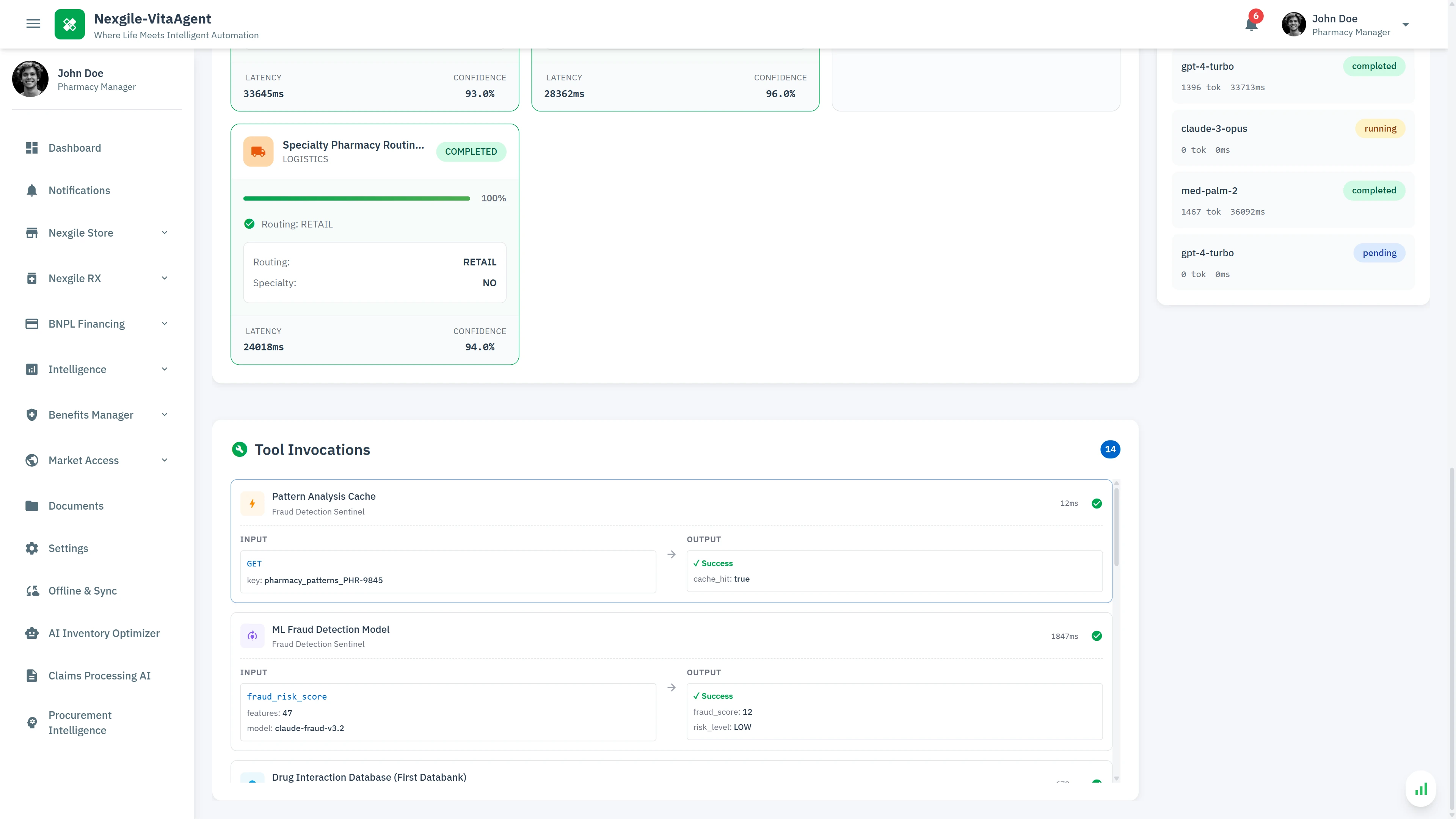 Tool Invocations - Detailed transparency view showing AI model usage (GPT-4-Turbo, Claude-3-Opus, Med-PaLM-2) and tool execution including fraud detection and database queries
