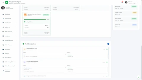 Tool Invocations - Detailed transparency view showing AI model usage (GPT-4-Turbo, Claude-3-Opus, Med-PaLM-2) and tool execution including fraud detection and database queries