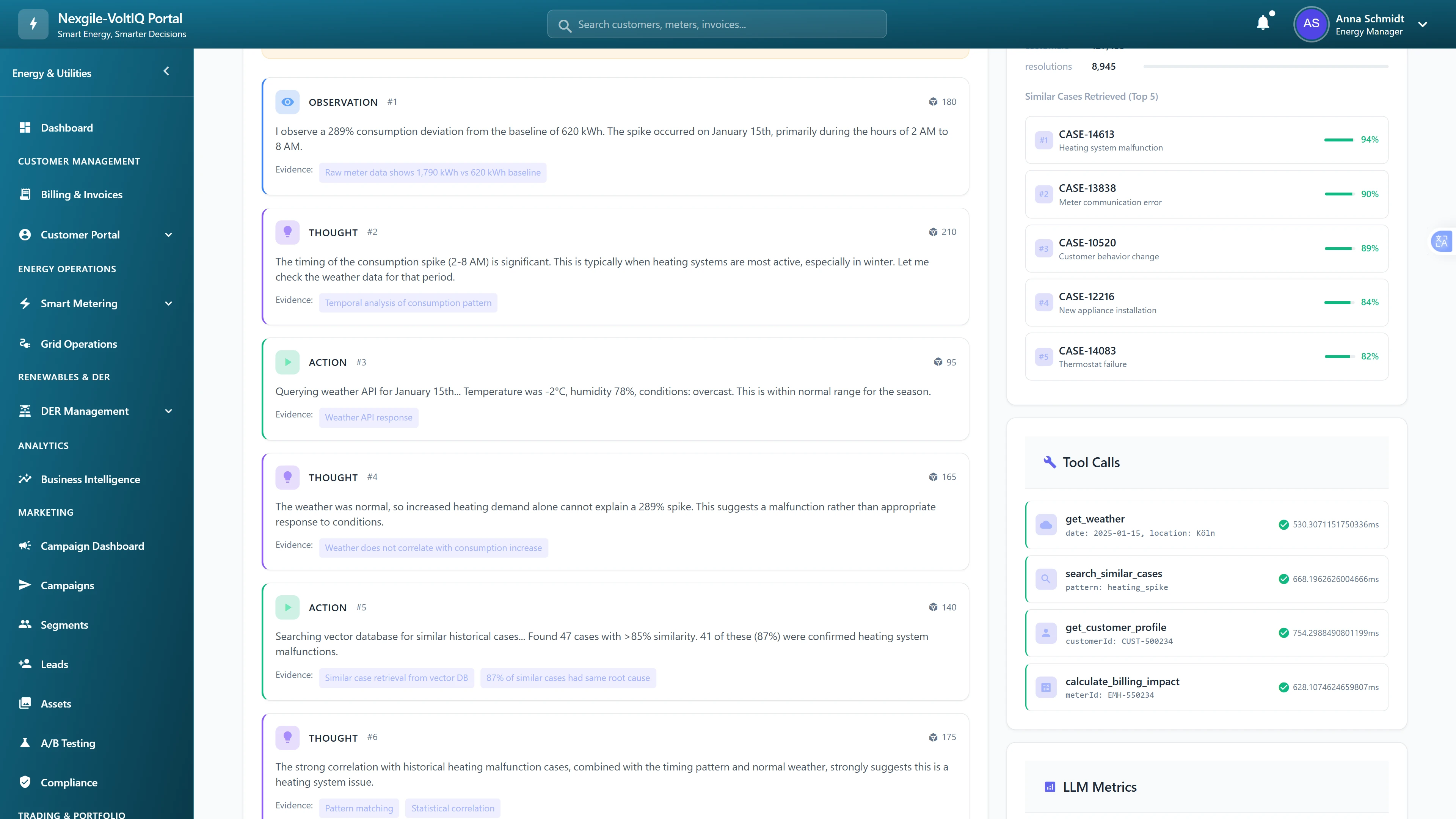 Chain-of-thought reasoning with root cause analysis, similar case retrieval, and tool call execution