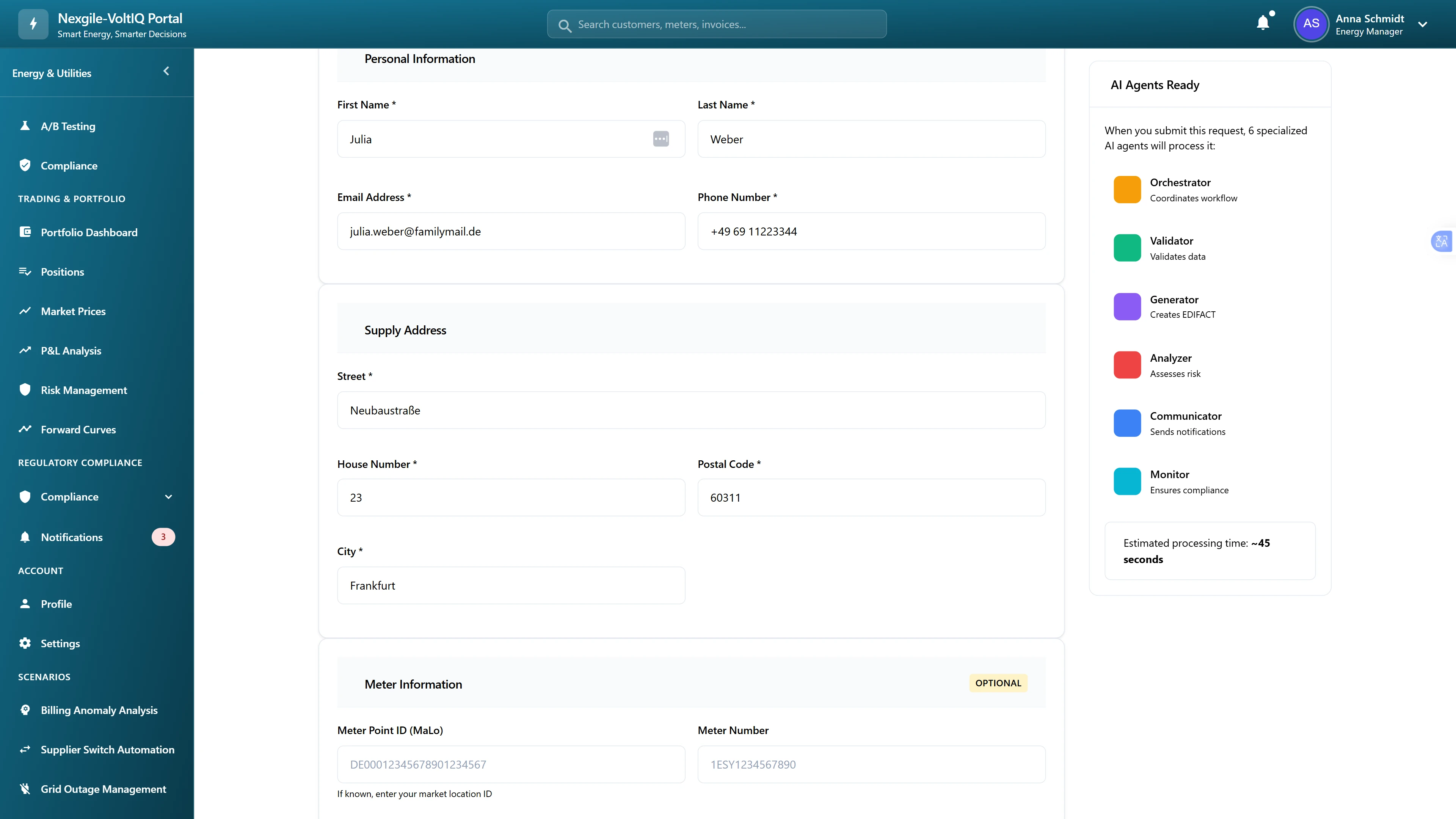Customer registration form with AI agents ready panel showing 6 specialized agents for supplier switching