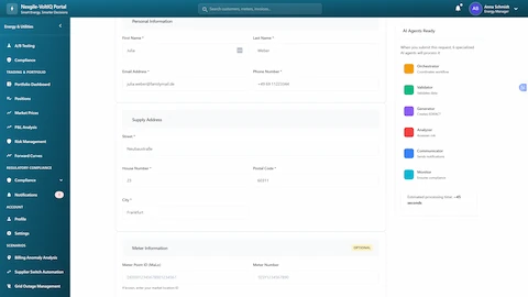 Customer registration form with AI agents ready panel showing 6 specialized agents for supplier switching