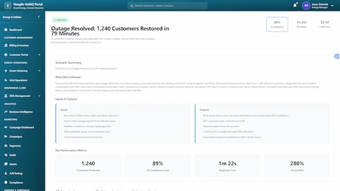 Outage resolution success summary with 1,240 customers restored in 79 minutes via FLISR automation